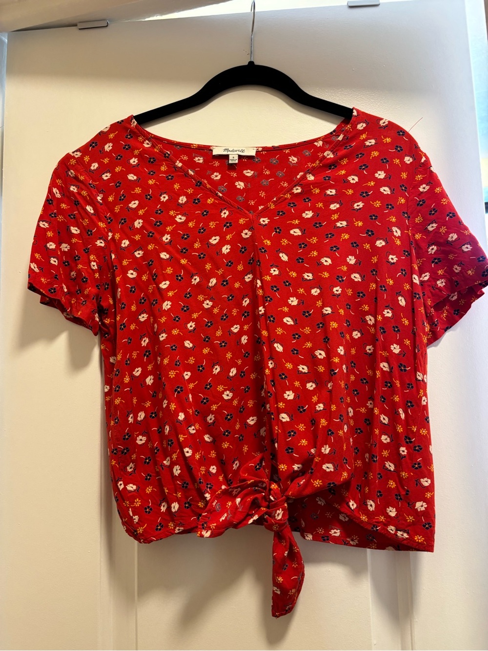 Madewell Red Floral Tie-Front Short Sleeve Top